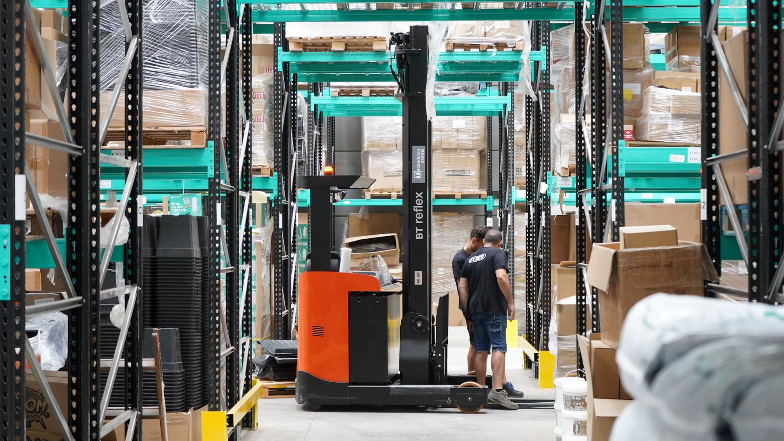 Warehouse staff and a forklift operator managing inventory